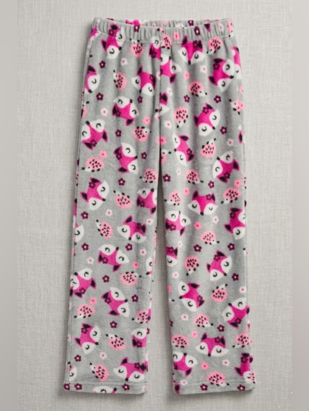 Girls' Fleece Pajama Pants. Size M (Ages 7–8). Fox and Porcupine Design.